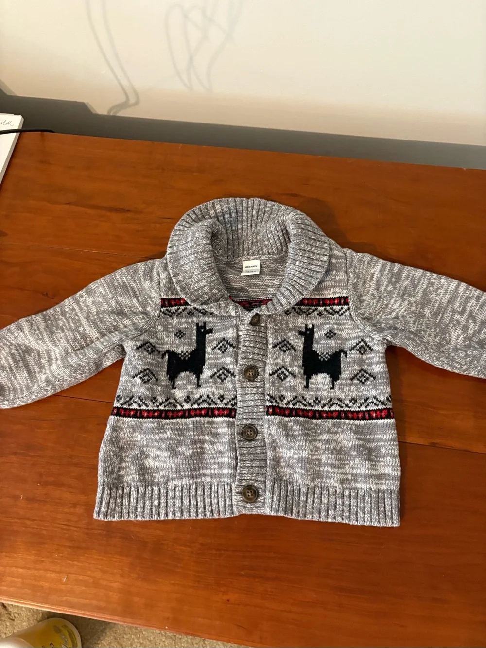 Old Navy Toddler Llama Fair Isle Shawl Collar Cardigan Sweater 12-18M Gray